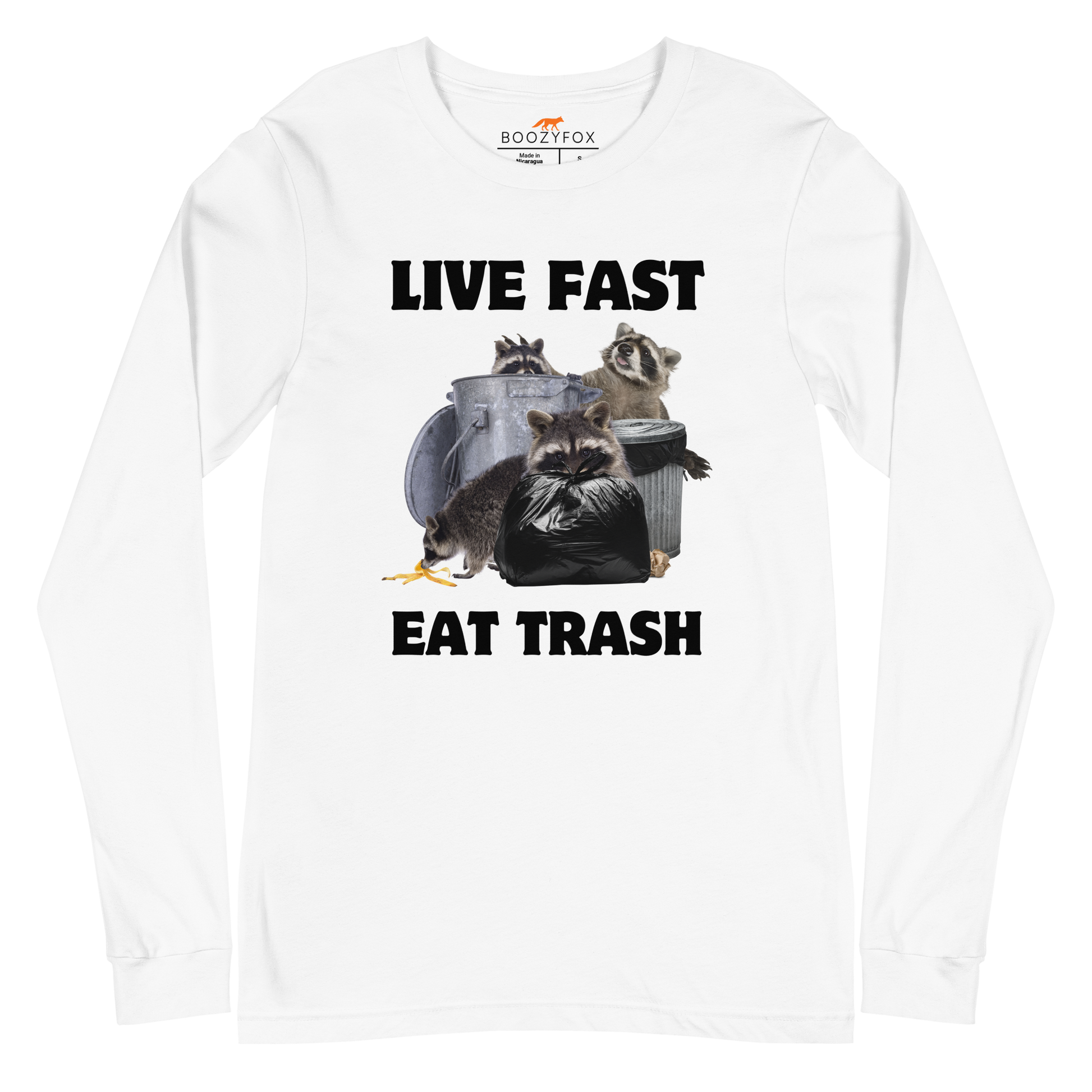 White Raccoon Long Sleeve Tee featuring a funny Live Fast Eat Trash graphic on the chest - Funny Raccoon Long Sleeve Graphic Tees - Boozy Fox
