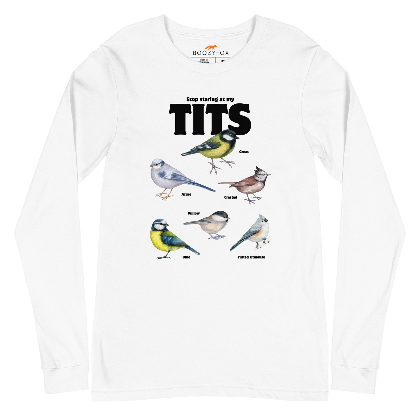 White Tit Long Sleeve Tee featuring a funny Stop Staring At My Tits graphic on the chest - Funny Tit Bird Long Sleeve Graphic Tees - Boozy Fox