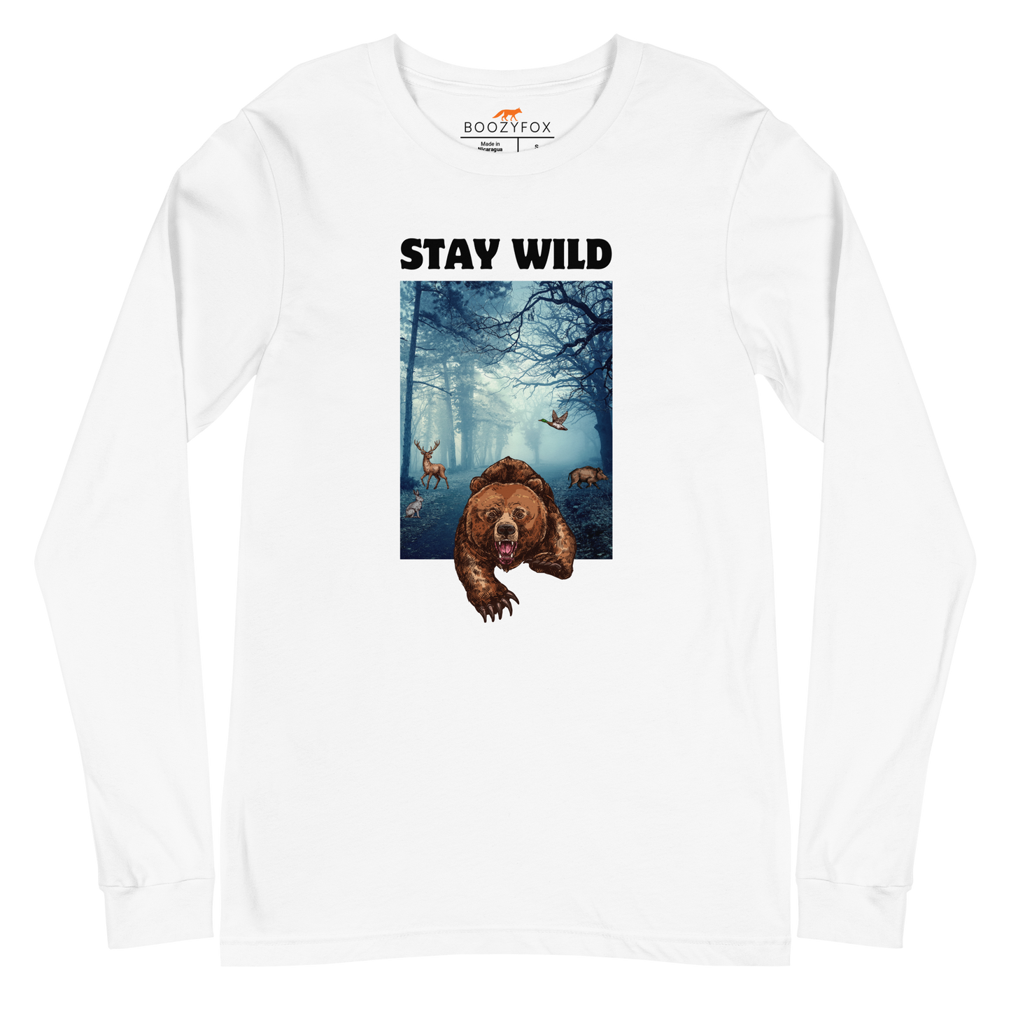 White Bear Long Sleeve Tee featuring a Stay Wild graphic on the chest - Cool Bear Long Sleeve Graphic Tees - Boozy Fox