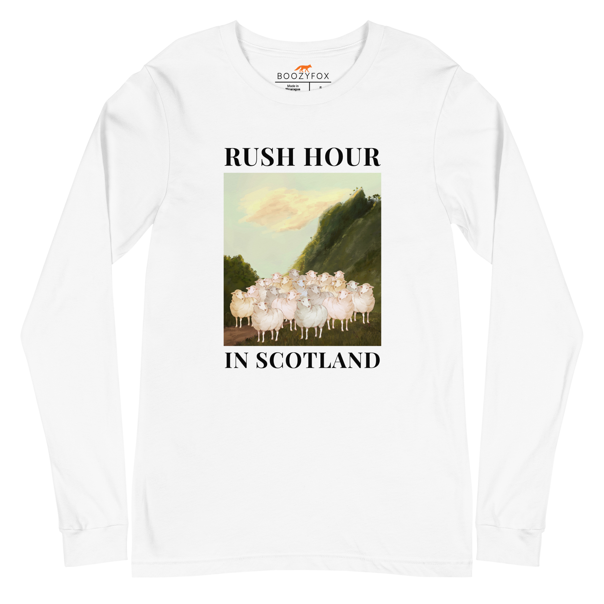 White Sheep Long Sleeve Tee featuring a comical Rush Hour In Scotland graphic on the chest - Artsy/Funny Sheep Long Sleeve Graphic Tees - Boozy Fox