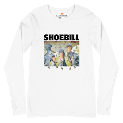 White Shoebill Stork Long Sleeve Tee featuring cool Shoebill graphic on the chest - Artsy/Funny Shoebill Stork Long Sleeve Graphic Tees - Boozy Fox