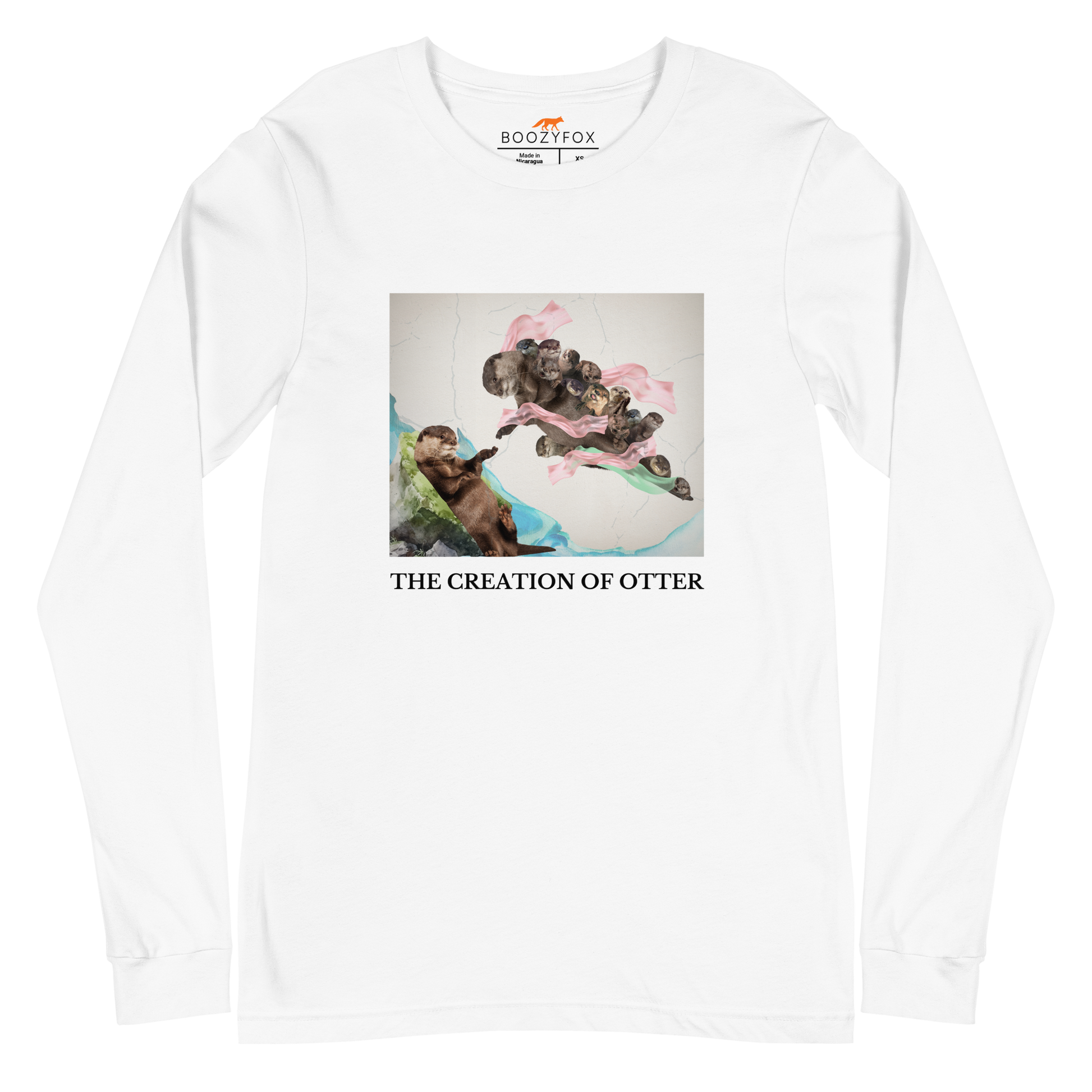 White Otter Long Sleeve Tee featuring a playful The Creation of Otter parody of Michelangelo's masterpiece - Artsy/Funny Otter Long Sleeve Graphic Tees - Boozy Fox