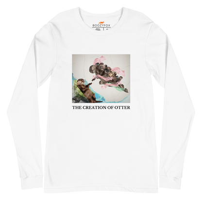 White Otter Long Sleeve Tee featuring a playful The Creation of Otter parody of Michelangelo's masterpiece - Artsy/Funny Otter Long Sleeve Graphic Tees - Boozy Fox