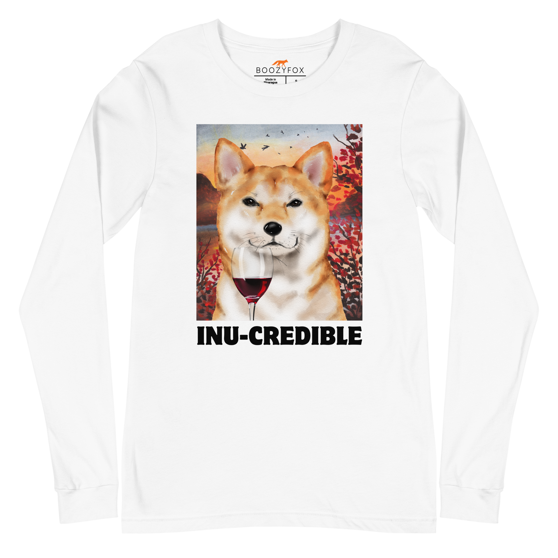 Funny Shiba Inu graphic long sleeve tee in white by Boozy Fox