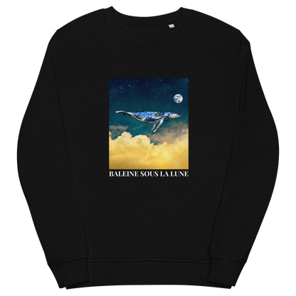 Black Organic Cotton Whale Sweatshirt showcasing an enchanting Whale Under The Moon graphic on the chest - Cool Whale Graphic Sweatshirts - Boozy Fox