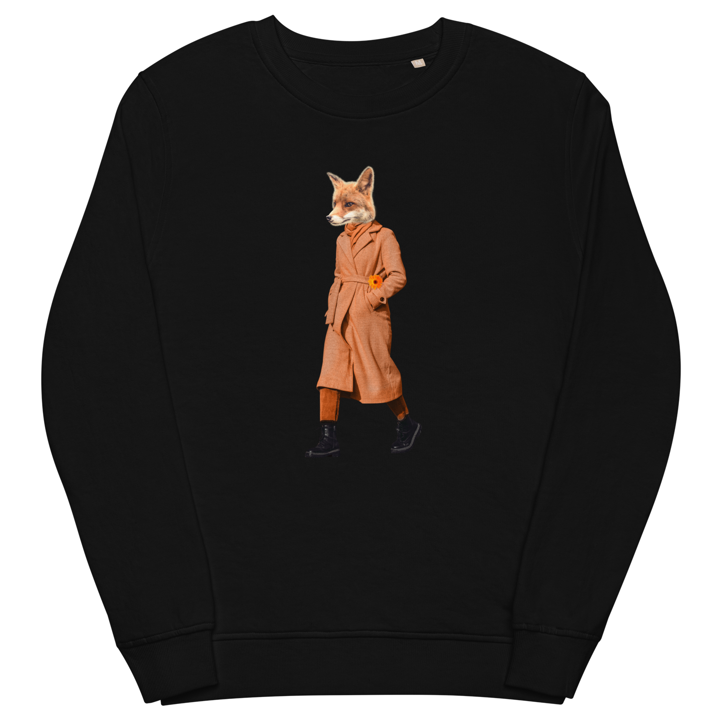 Black Organic Cotton Anthropomorphic Fox Sweatshirt showcasing a sly Anthropomorphic Fox In a Trench Coat graphic on the chest - Cool Anthropomorphic Fox Graphic Sweatshirts - Boozy Fox