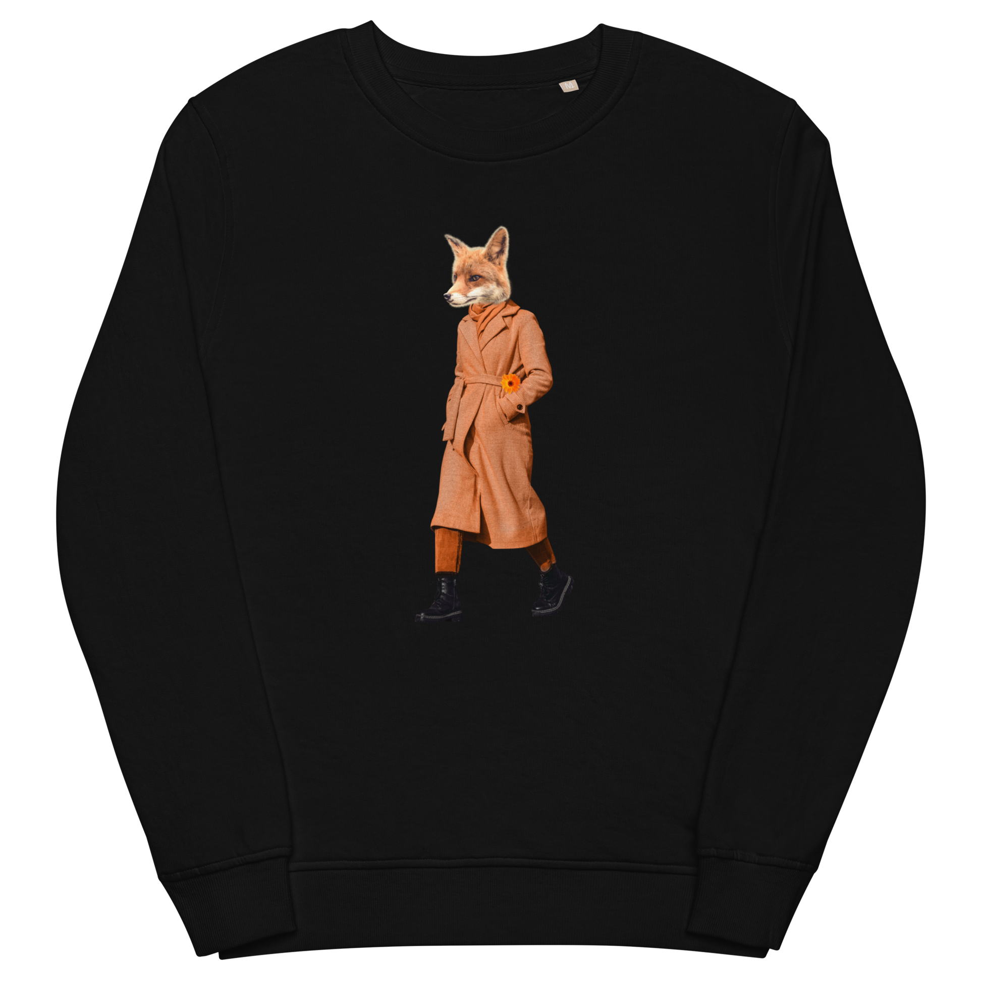 Black Organic Cotton Anthropomorphic Fox Sweatshirt showcasing a sly Anthropomorphic Fox In a Trench Coat graphic on the chest - Cool Anthropomorphic Fox Graphic Sweatshirts - Boozy Fox