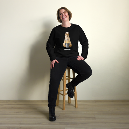 Smiling woman wearing a Black Organic Cotton Meerkat Sweatshirt featuring a hilarious Beerkat graphic on the chest - Funny Graphic Meerkat Sweatshirts - Boozy Fox