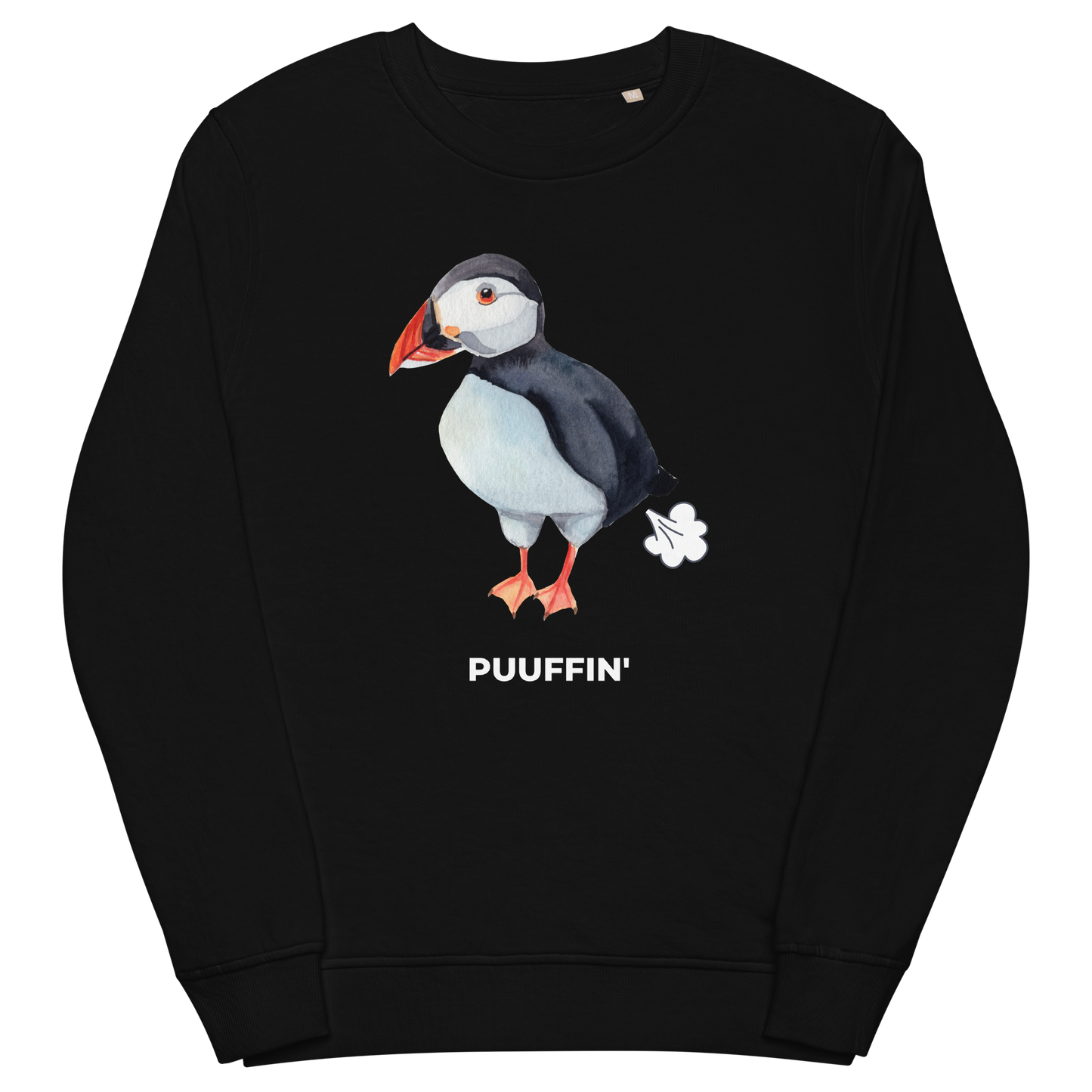 Black Organic Cotton Puffin Sweatshirt featuring a comic Puuffin' graphic on the chest - Funny Graphic Puffin Sweatshirts - Boozy Fox