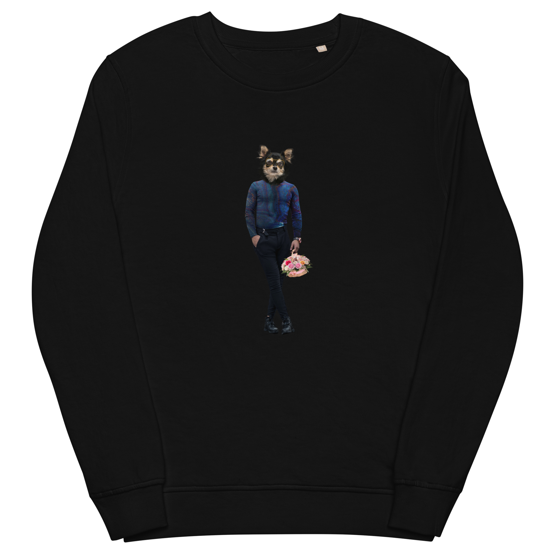 Black Organic Cotton Dog Sweatshirt showcasing a captivating Anthropomorphic Dog graphic on the chest - Cool Graphic Dog Sweatshirts - Boozy Fox