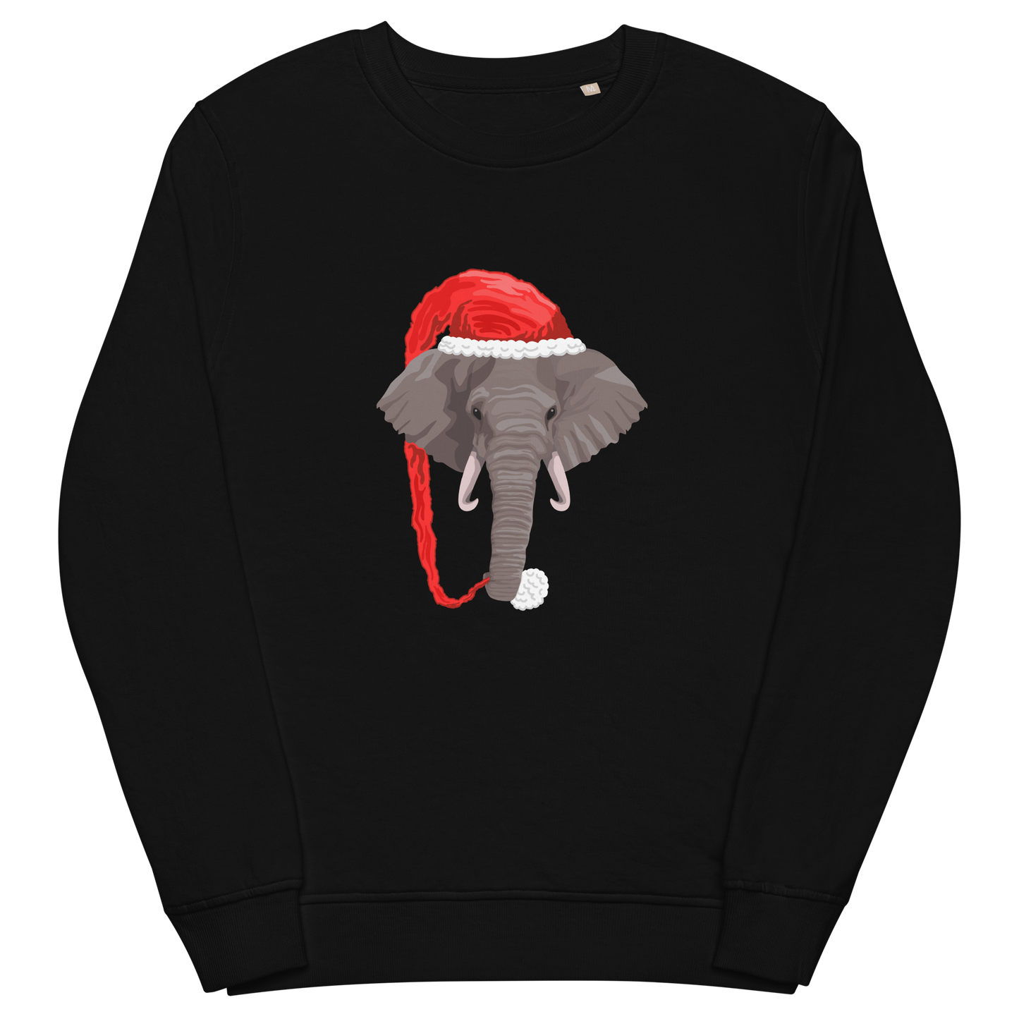 Black Organic Christmas Elephant Sweatshirt featuring a delight Elephant Wearing an Elf Hat graphic on the chest - Funny Christmas Graphic Elephant Sweatshirts - Boozy Fox