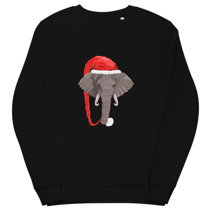 Black Organic Christmas Elephant Sweatshirt featuring a delight Elephant Wearing an Elf Hat graphic on the chest - Funny Christmas Graphic Elephant Sweatshirts - Boozy Fox