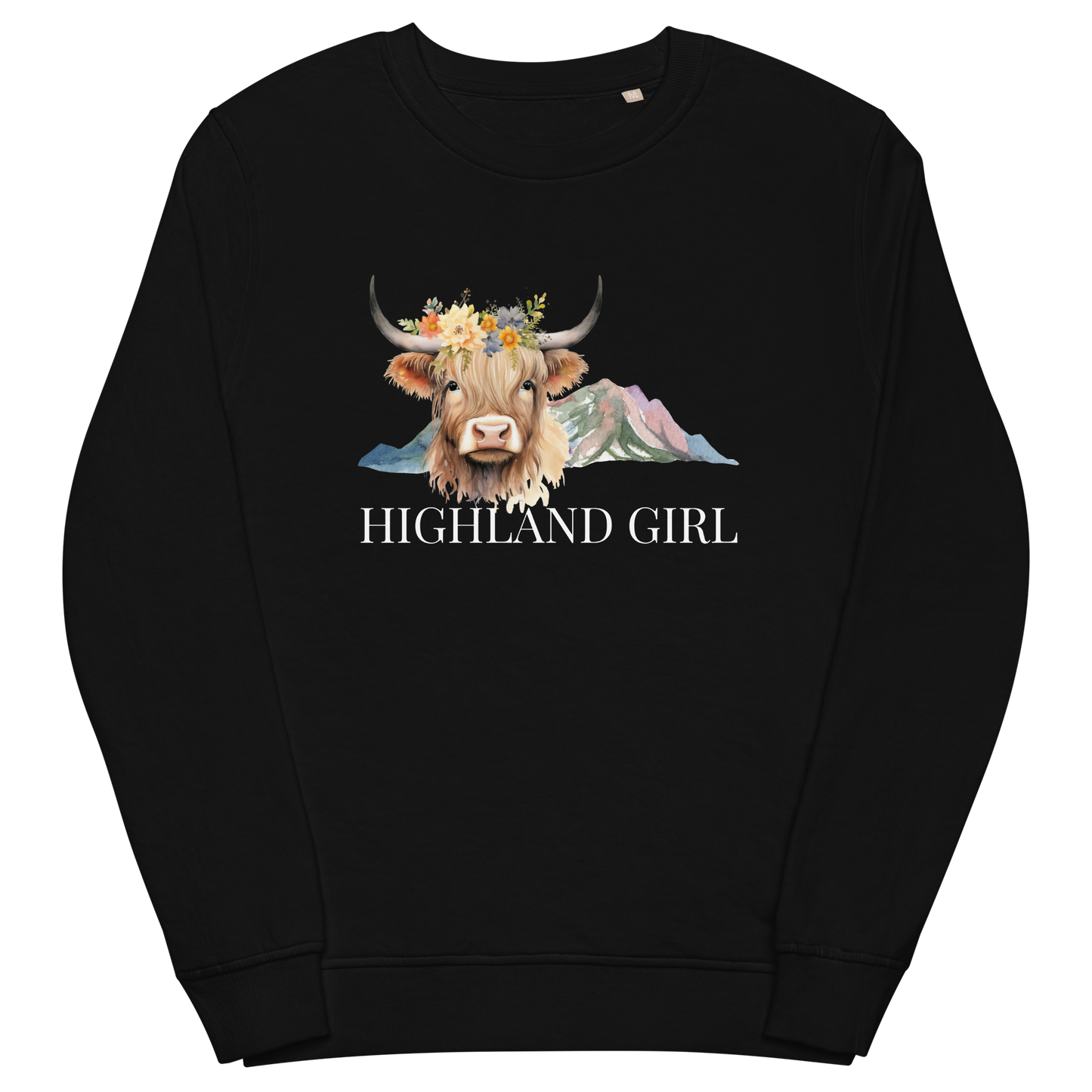 Black Organic Cotton Highland Cow Sweatshirt showcasing an adorable Highland Girl graphic on the chest - Cute Graphic Highland Cow Sweatshirts - Boozy Fox