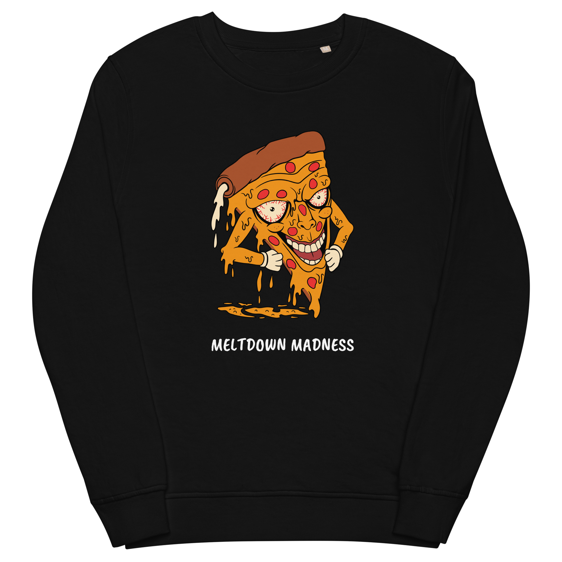 Black Organic Cotton Melting Pizza Sweatshirt featuring a Meltdown Madness graphic on the chest - Funny Graphic Pizza Sweatshirts - Boozy Fox