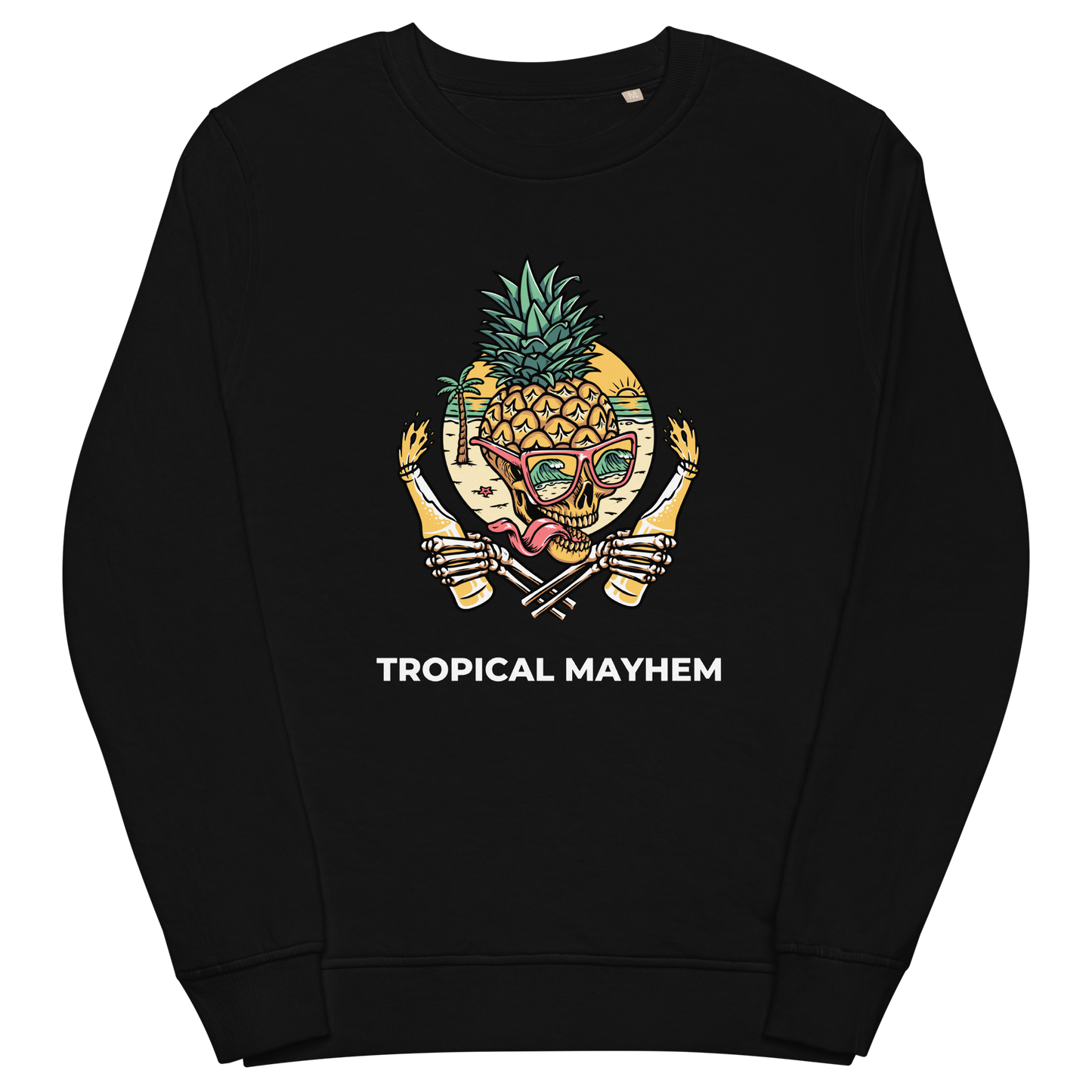 Black Organic Cotton Tropical Mayhem Sweatshirt featuring a Crazy Pineapple Skull graphic on the chest - Funny Graphic Pineapple Sweatshirts - Boozy Fox