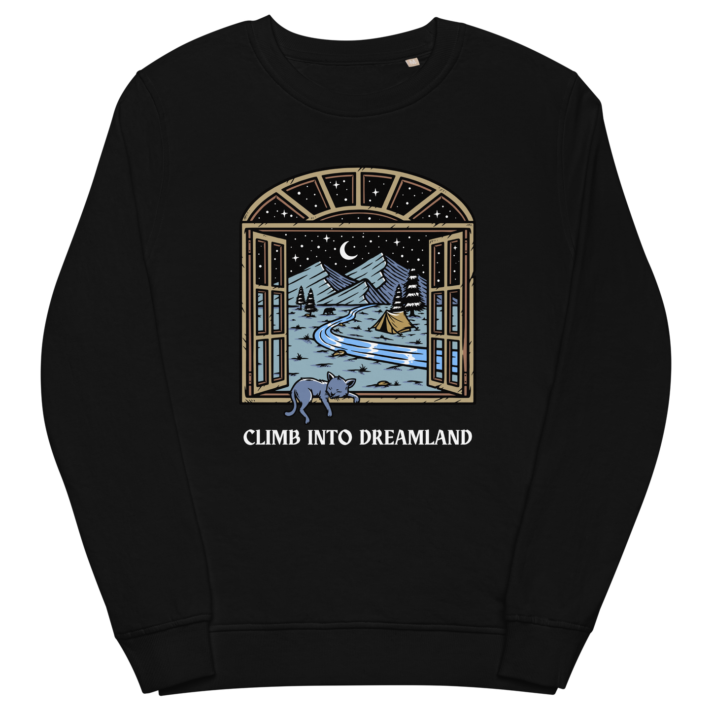 Black Organic Cotton Climb Into Dreamland Sweatshirt featuring a mesmerizing mountain view graphic on the chest - Cool Graphic Nature Sweatshirts - Boozy Fox