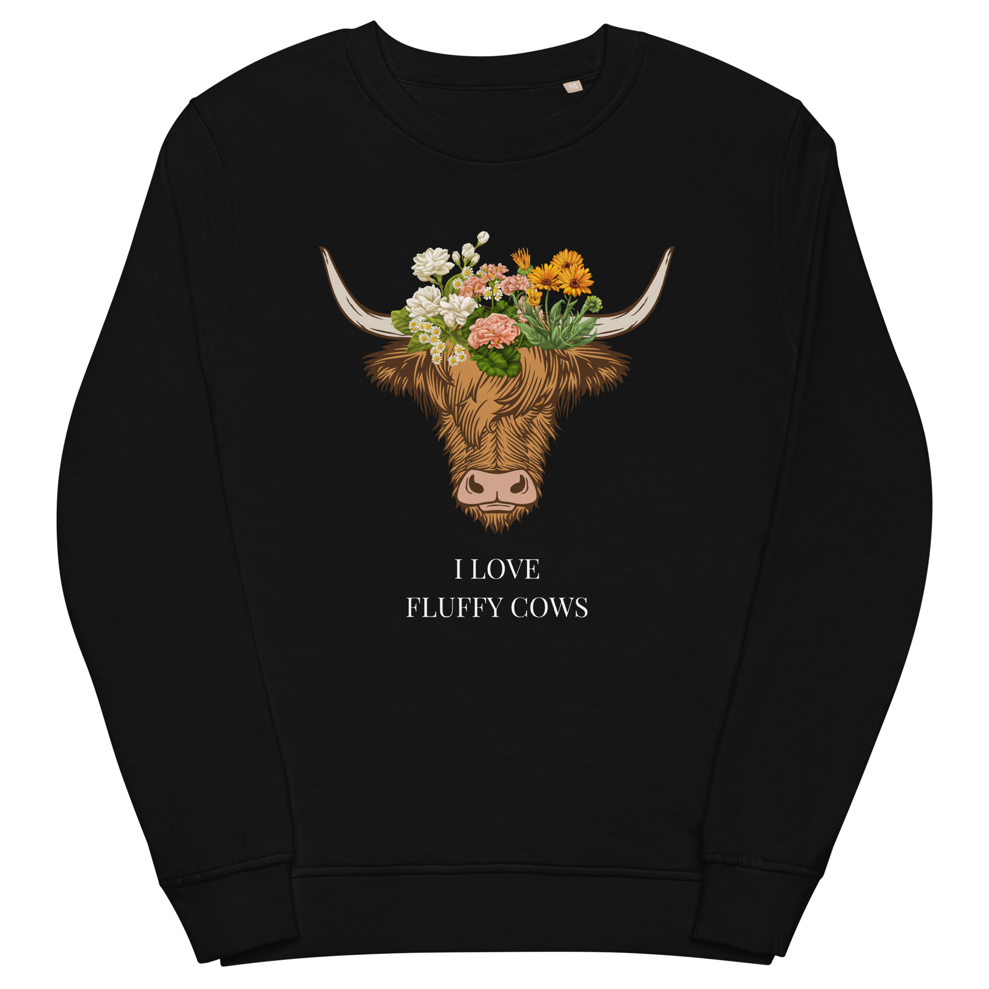 Black Organic Cotton Highland Cow Sweatshirt featuring an adorable I Love Fluffy Cows graphic on the chest - Cute Graphic Highland Cow Sweatshirts - Boozy Fox