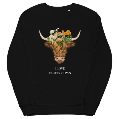 Black Organic Cotton Highland Cow Sweatshirt featuring an adorable I Love Fluffy Cows graphic on the chest - Cute Graphic Highland Cow Sweatshirts - Boozy Fox