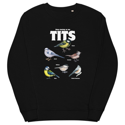 Black Organic Cotton Tit Sweatshirt featuring a funny Stop Staring At My Tits graphic on the chest - Funny Graphic Tit Bird Sweatshirts - Boozy Fox