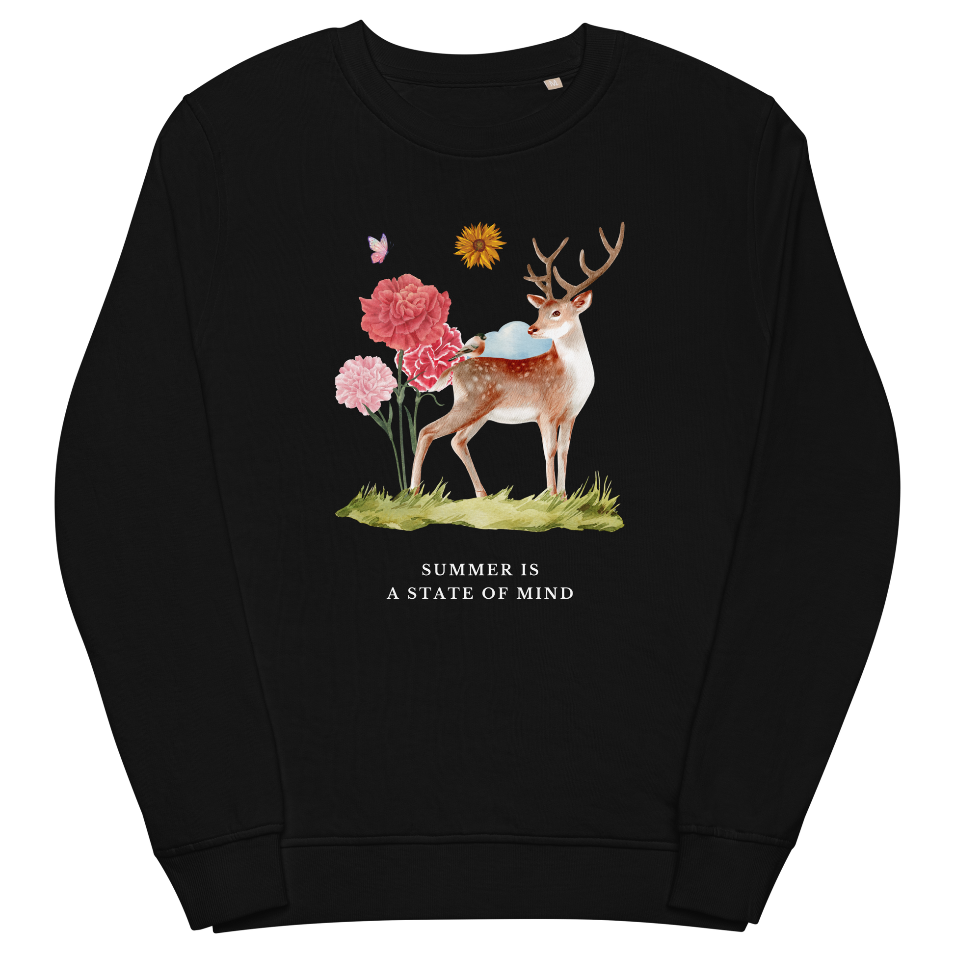 Black Organic Cotton Summer Is a State of Mind Sweatshirt featuring a Summer Is a State of Mind graphic on the chest - Cute Graphic Summer Sweatshirts - Boozy Fox