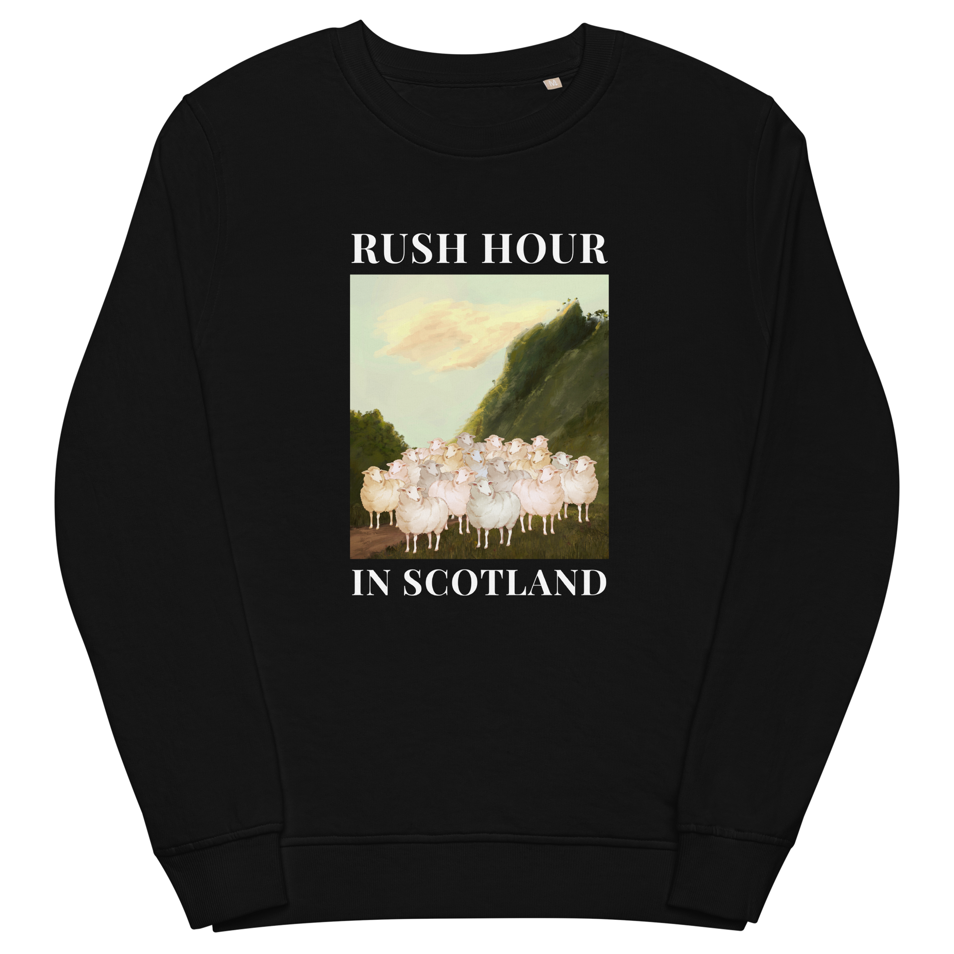 Black Sheep Organic Sweatshirt featuring a comical Rush Hour In Scotland graphic on the chest - Artsy & Funny Graphic Sheep Sweatshirts - Boozy Fox