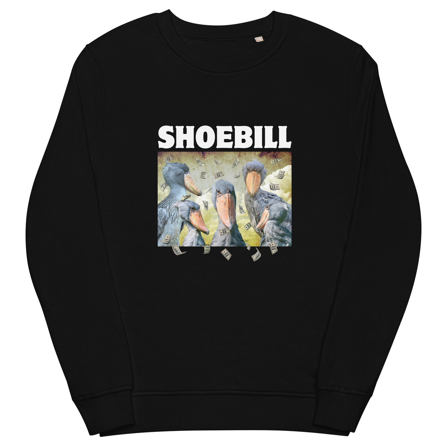 Black Shoebill Organic Sweatshirt featuring a cool Shoebill graphic on the chest - ArtsyFunny Graphic Shoebill Stork Sweatshirts - Boozy Fox