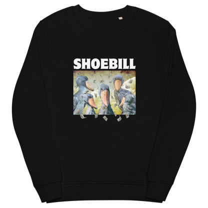 Black Shoebill Organic Sweatshirt featuring a cool Shoebill graphic on the chest - ArtsyFunny Graphic Shoebill Stork Sweatshirts - Boozy Fox