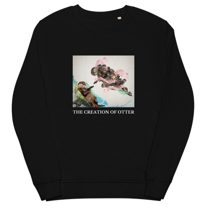 Black Organic Otter Sweatshirt featuring a playful The Creation of Otter parody of Michelangelo's masterpiece - Artsy/Funny Graphic Otter Sweatshirts - Boozy Fox