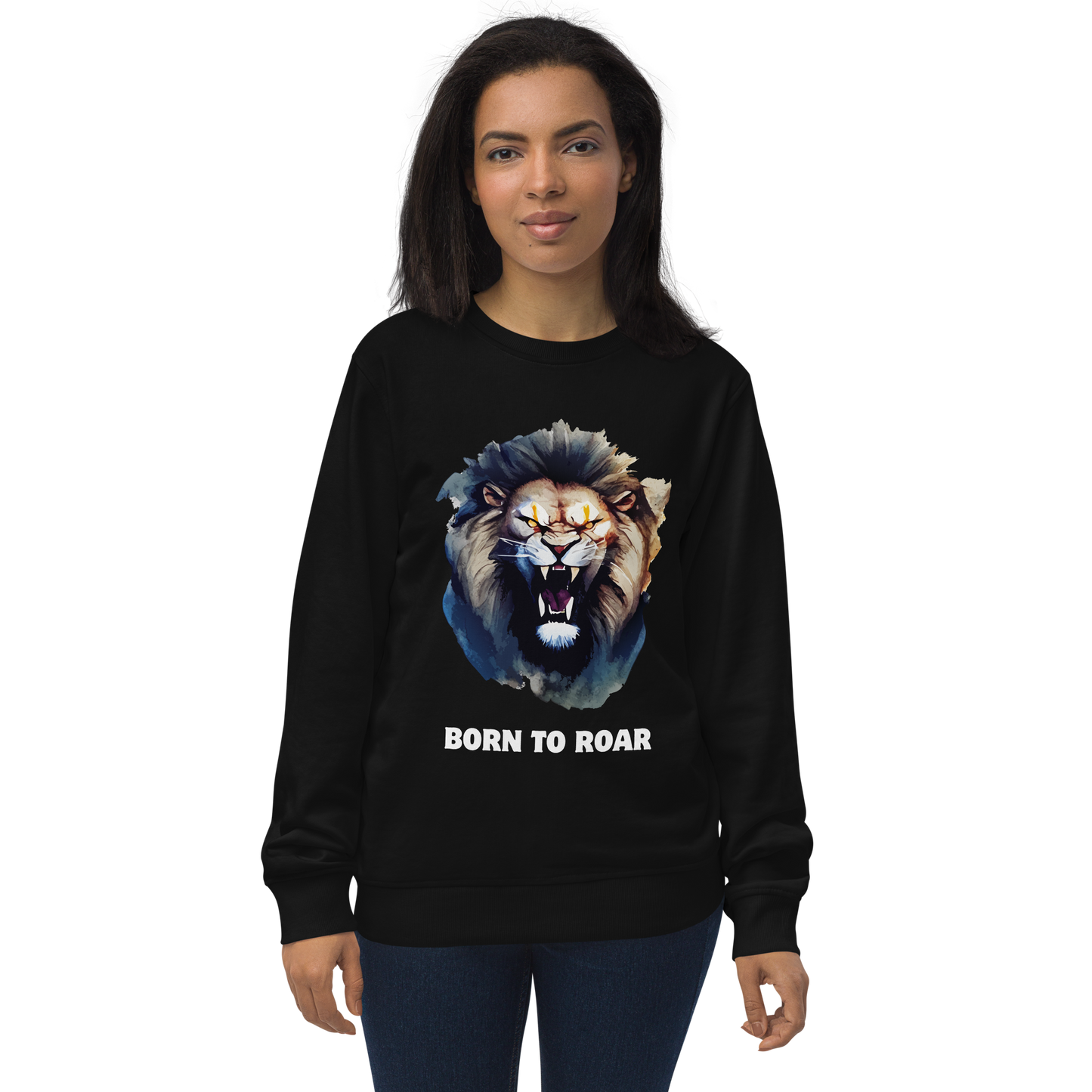 Woman wearing a Funny Born to Roar Lion Organic Cotton Sweatshirt in black by Boozy Fox