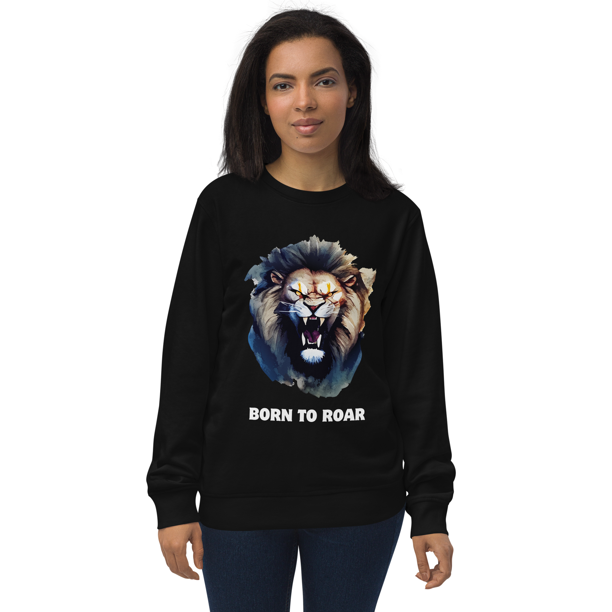 Woman wearing a Funny Born to Roar Lion Organic Cotton Sweatshirt in black by Boozy Fox
