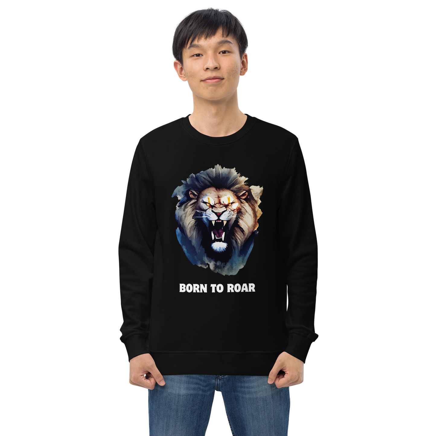 Man wearing a Funny Born to Roar Lion Organic Cotton Sweatshirt in black by Boozy Fox