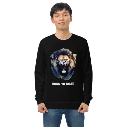Man wearing a Funny Born to Roar Lion Organic Cotton Sweatshirt in black by Boozy Fox