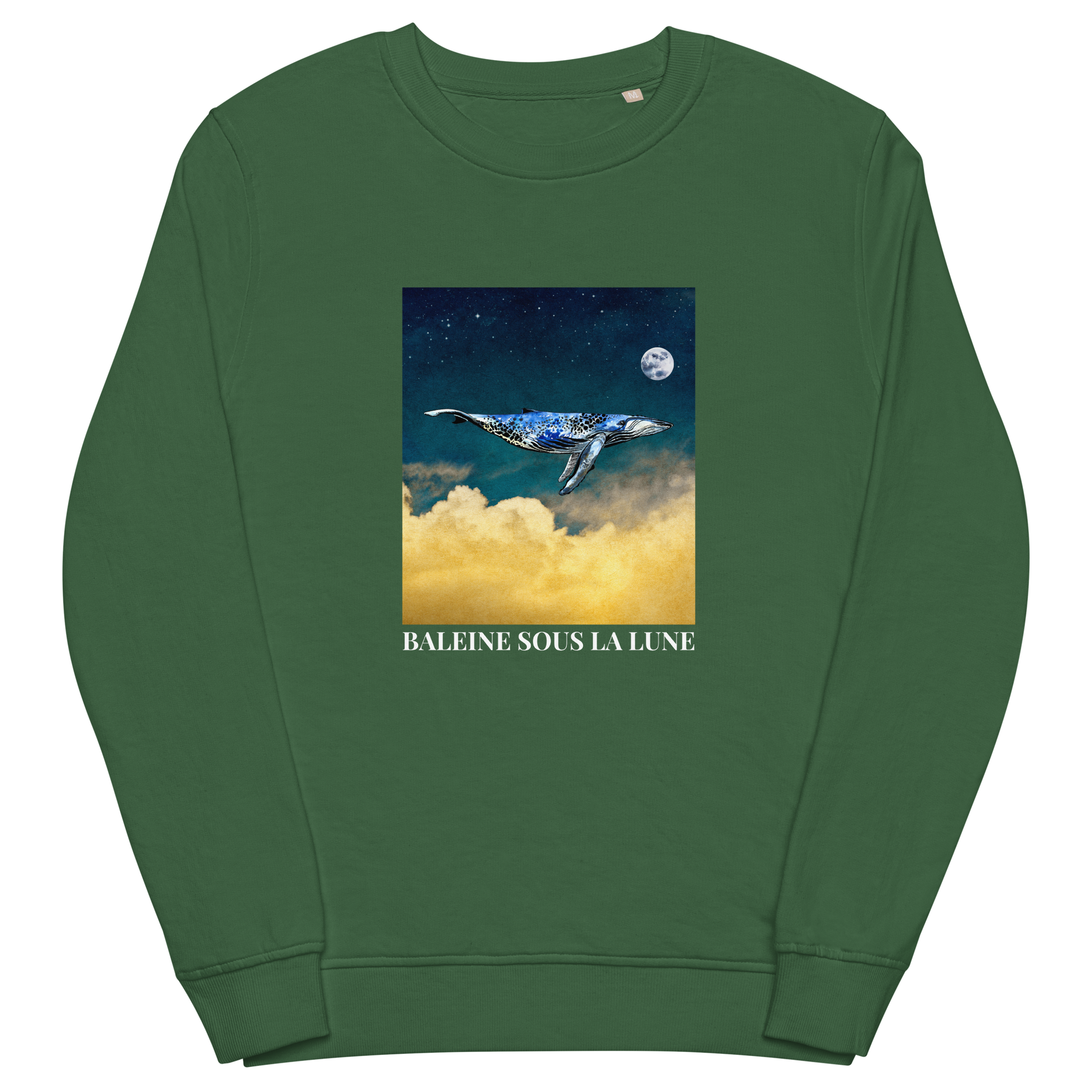 Bottle Green Organic Cotton Whale Sweatshirt showcasing an enchanting Whale Under The Moon graphic on the chest - Cool Whale Graphic Sweatshirts - Boozy Fox
