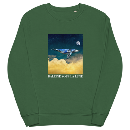 Bottle Green Organic Cotton Whale Sweatshirt showcasing an enchanting Whale Under The Moon graphic on the chest - Cool Whale Graphic Sweatshirts - Boozy Fox