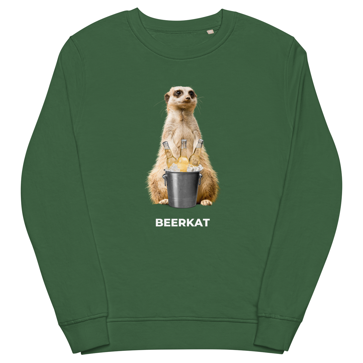 Bottle Green Organic Cotton Meerkat Sweatshirt featuring a hilarious Beerkat graphic on the chest - Funny Graphic Meerkat Sweatshirts - Boozy Fox