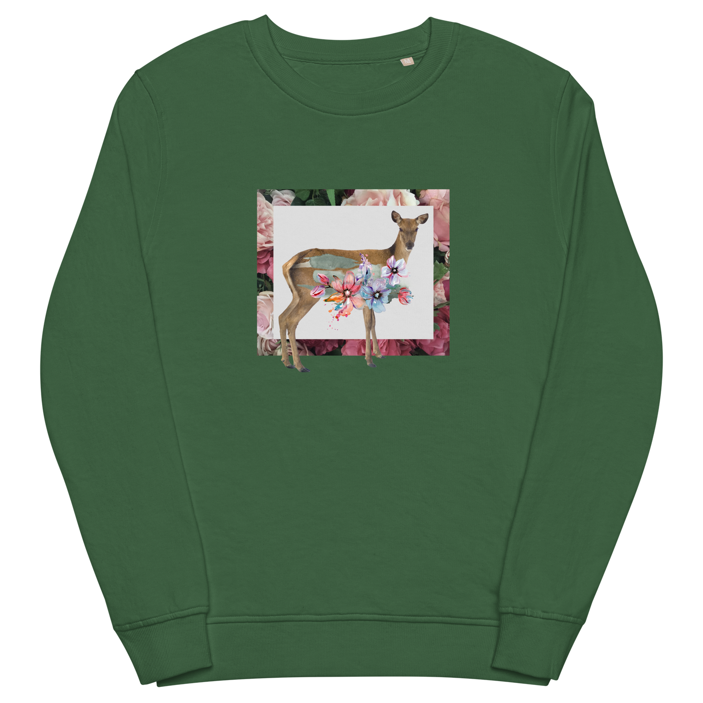 Floral Deer Organic Cotton Sweatshirt Online - Bottle Green - Boozy Fox