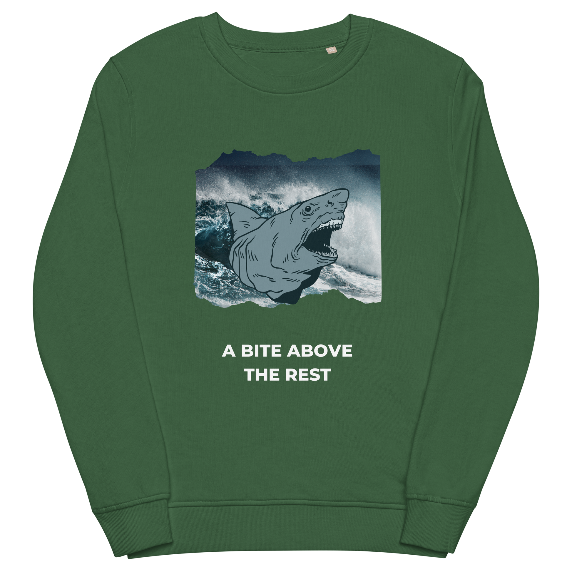 Bottle Green Organic Cotton Megalodon Sweatshirt featuring the jaw-dropping 'A Bite Above the Rest' graphic on the chest - Funny Graphic Megalodon Sweatshirts - Boozy Fox