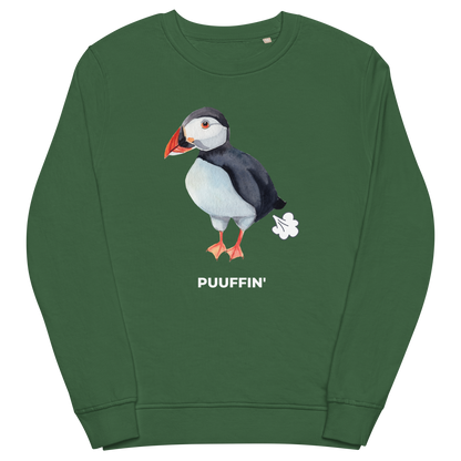 Bottle Green Organic Cotton Puffin Sweatshirt featuring a comic Puuffin' graphic on the chest - Funny Graphic Puffin Sweatshirts - Boozy Fox