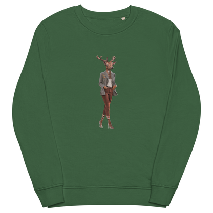 Anthropomorphic Deer Organic Cotton Sweatshirt Online - Bottle Green - Boozy Fox