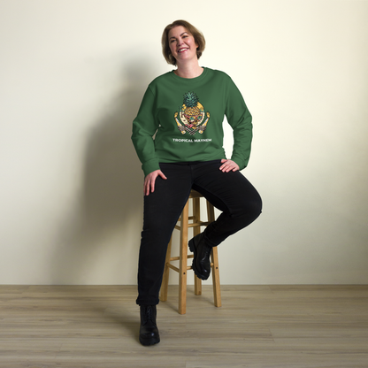Smiling woman wearing a Bottle Green Organic Cotton Tropical Mayhem Sweatshirt featuring a Crazy Pineapple Skull graphic on the chest - Funny Graphic Pineapple Sweatshirts - Boozy Fox