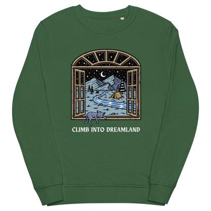 Bottle Green Organic Cotton Climb Into Dreamland Sweatshirt featuring a mesmerizing mountain view graphic on the chest - Cool Graphic Nature Sweatshirts - Boozy Fox