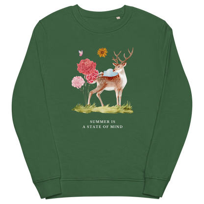 Bottle Green Organic Cotton Summer Is a State of Mind Sweatshirt featuring a Summer Is a State of Mind graphic on the chest - Cute Graphic Summer Sweatshirts - Boozy Fox