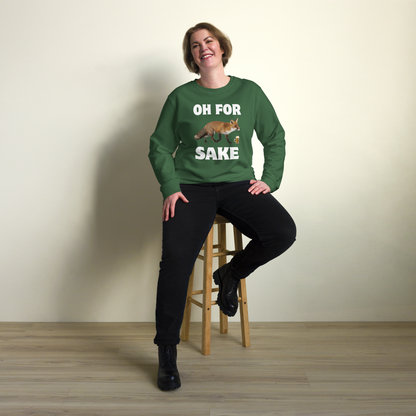 Woman wearing a Bottle Green Organic Cotton Fox Sweatshirt featuring a Oh For Fox Sake graphic on the chest - Funny Graphic Fox Sweatshirts - Boozy Fox