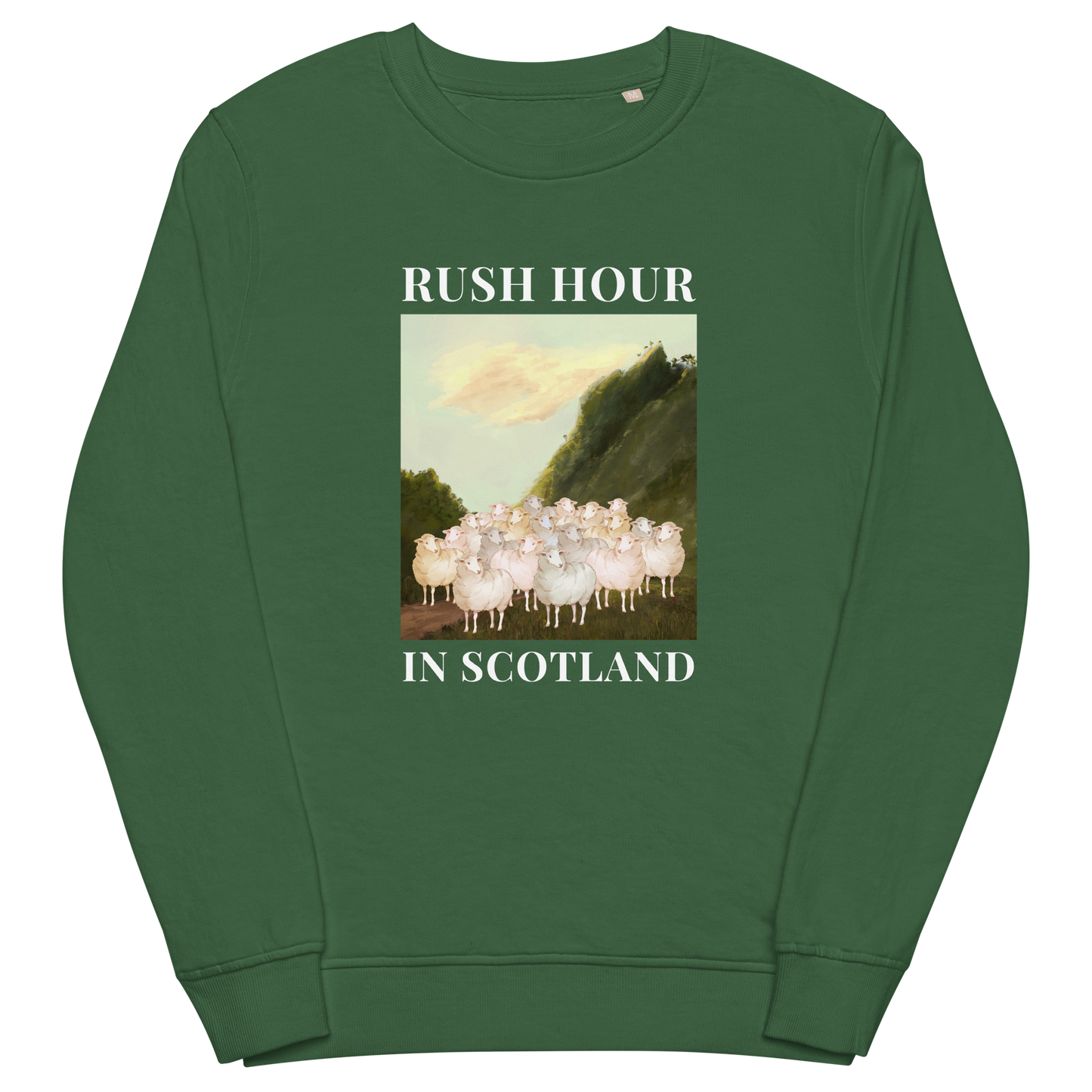 Bottle Green Sheep Organic Sweatshirt featuring a comical Rush Hour In Scotland graphic on the chest - Artsy & Funny Graphic Sheep Sweatshirts - Boozy Fox