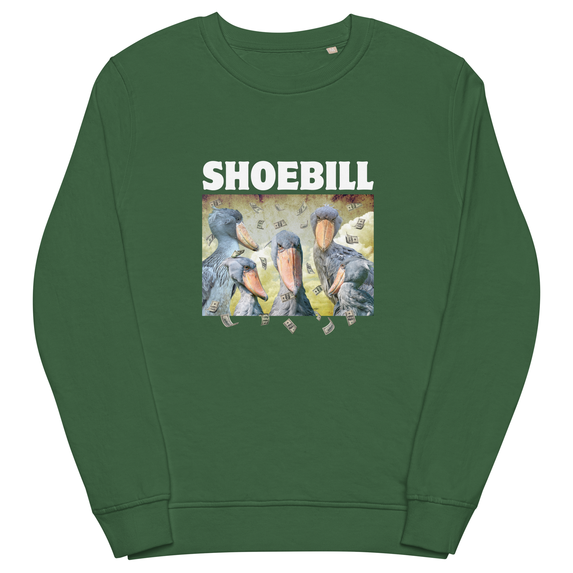 Bottle Green Shoebill Organic Sweatshirt featuring a cool Shoebill graphic on the chest - ArtsyFunny Graphic Shoebill Stork Sweatshirts - Boozy Fox