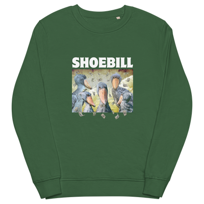 Bottle Green Shoebill Organic Sweatshirt featuring a cool Shoebill graphic on the chest - ArtsyFunny Graphic Shoebill Stork Sweatshirts - Boozy Fox