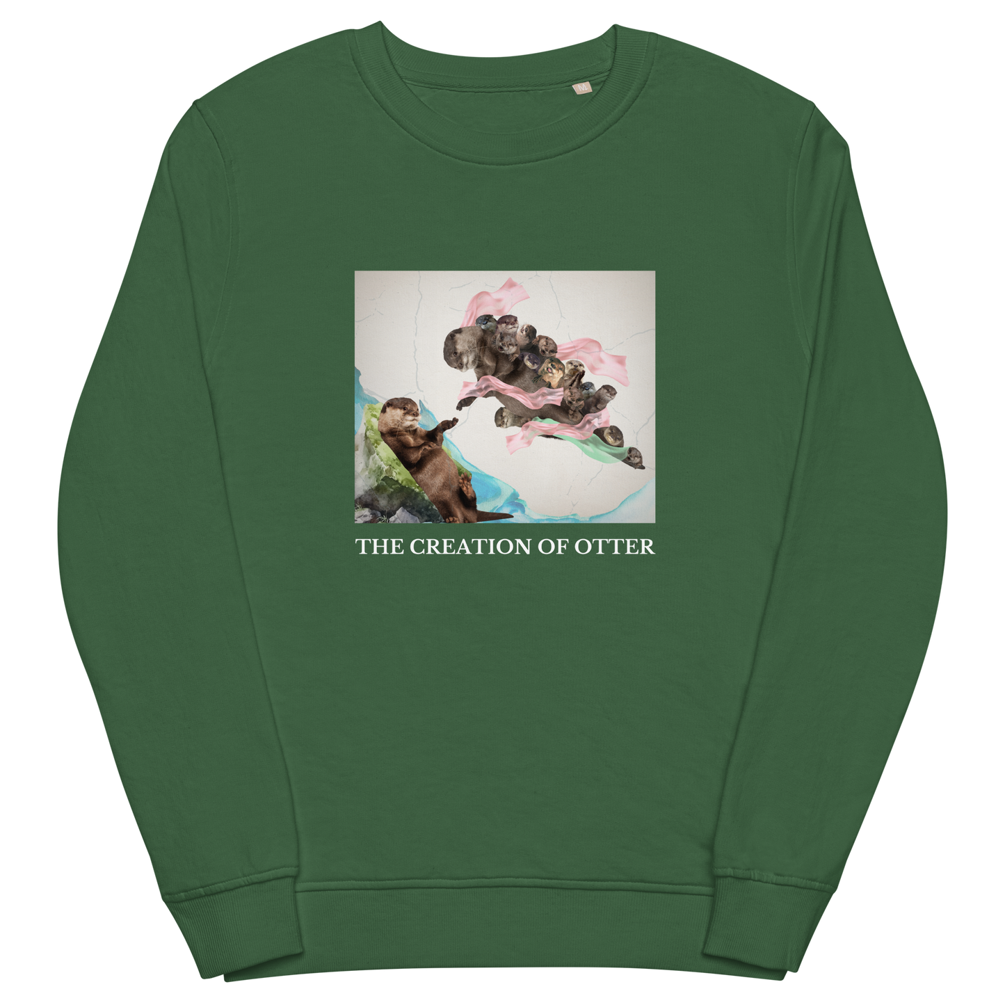 Bottle Green Organic Otter Sweatshirt featuring a playful The Creation of Otter parody of Michelangelo's masterpiece - Artsy/Funny Graphic Otter Sweatshirts - Boozy Fox