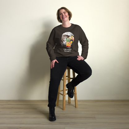 Smiling woman wearing a Deep Charcoal Grey Eagle Organic Cotton Sweatshirt - Boozy Fox