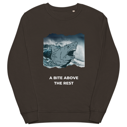 Deep Charcoal Grey Organic Cotton Megalodon Sweatshirt featuring the jaw-dropping 'A Bite Above the Rest' graphic on the chest - Funny Graphic Megalodon Sweatshirts - Boozy Fox