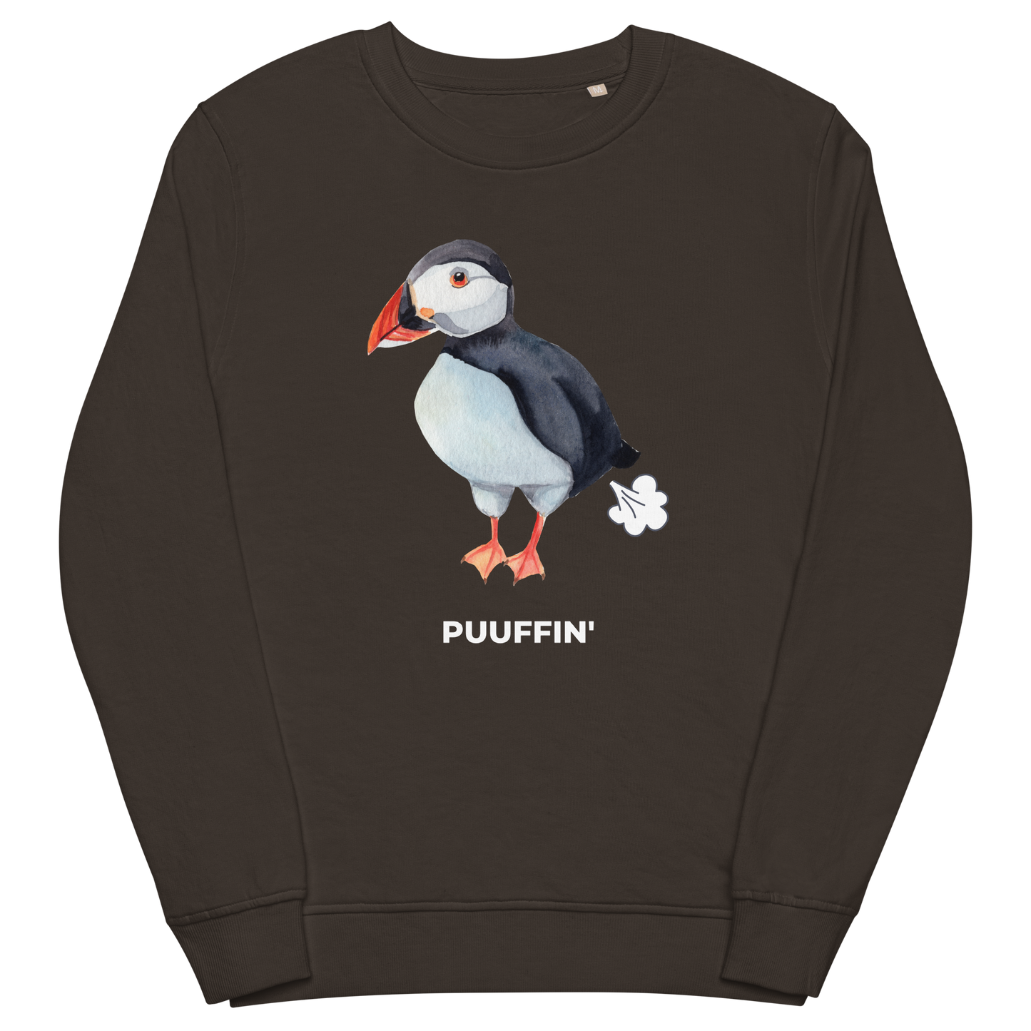 Deep Charcoal Grey Organic Cotton Puffin Sweatshirt featuring a comic Puuffin' graphic on the chest - Funny Graphic Puffin Sweatshirts - Boozy Fox